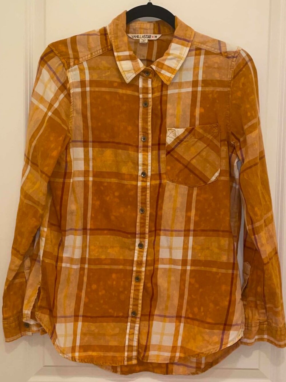 VANILLA STAR Women’s Rust Yellow/Orange Plaid Long Sleeve Button Up Shirt
